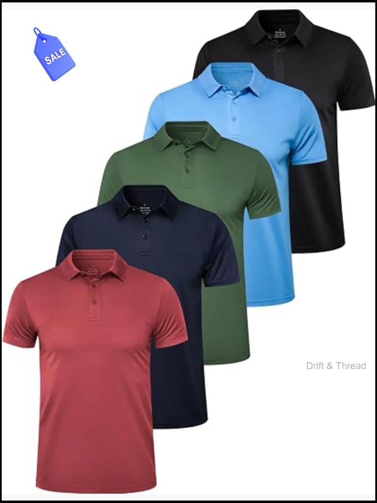 5 Pack Quick Dry Short Sleeve Polo Shirts For Men Performance Athletic Golf